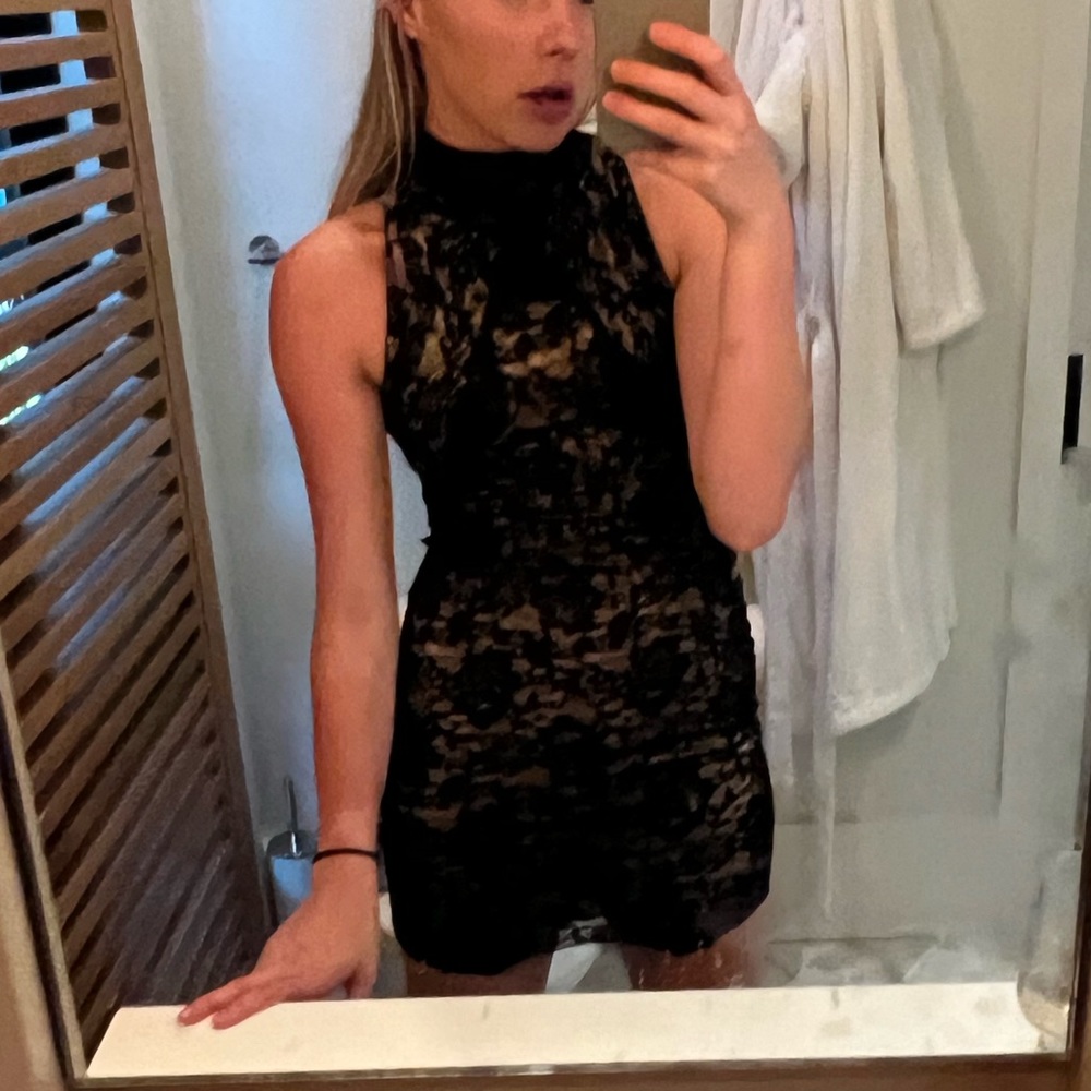 Nightcap Black lace halter backless mini dress
